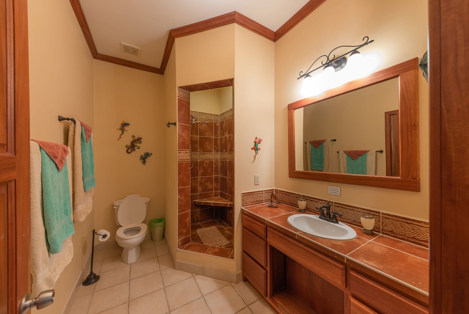 Inviting bathroom equipped with a walk-in shower, a modern sink, and a welcoming ambiance.