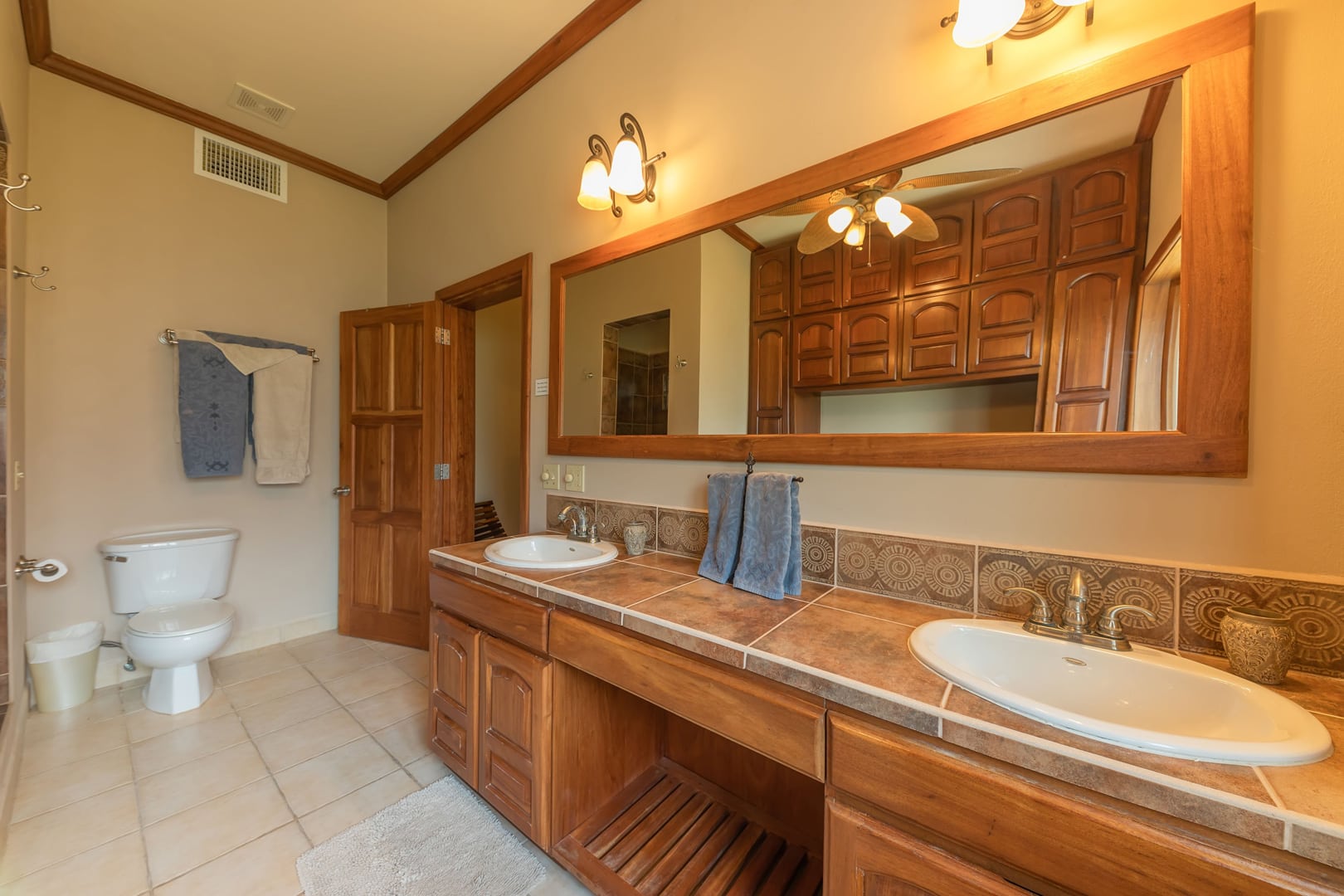 en-suite bathroom with a spacious walk-in shower, a stylish vanity, and all necessary amenities.
